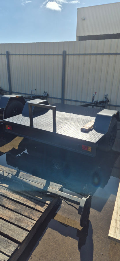 1800x1220 1400kg ATM Hydraulic Braked Spitwater Low Deck Trailer, Checker Plate Floor, Spare, Heavy Duty Jockey Wheel, Spare Wheel Winder, Charcoal Paint, Etch Primed and Painted, Australian Steel, Full Checker Plate Floor **NO REGISTRATION**